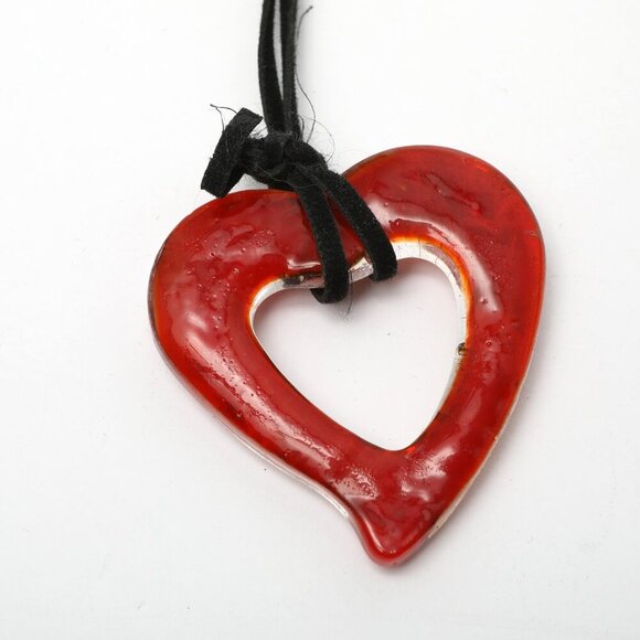 Glass Heart Pendant Fabric Cord Band Metallic Silver Red Y2K Boho - Picture 5 of 6